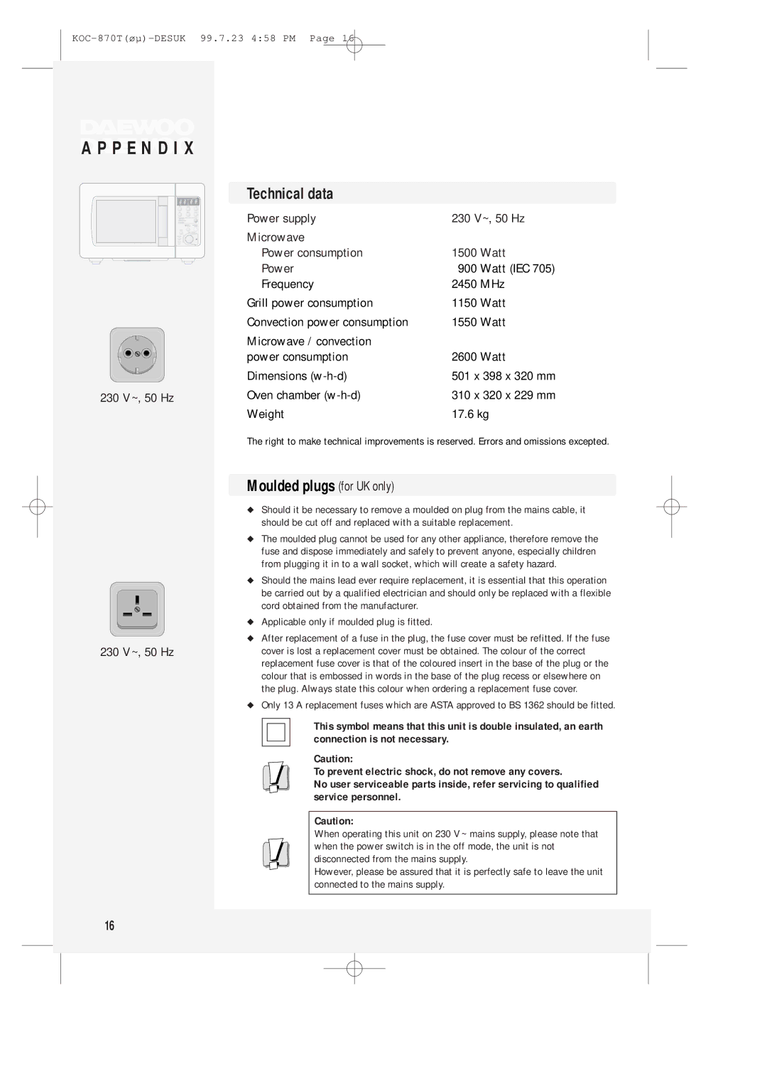 Daewoo KOC-870T instruction manual Technical data, Moulded plugs for UK only 