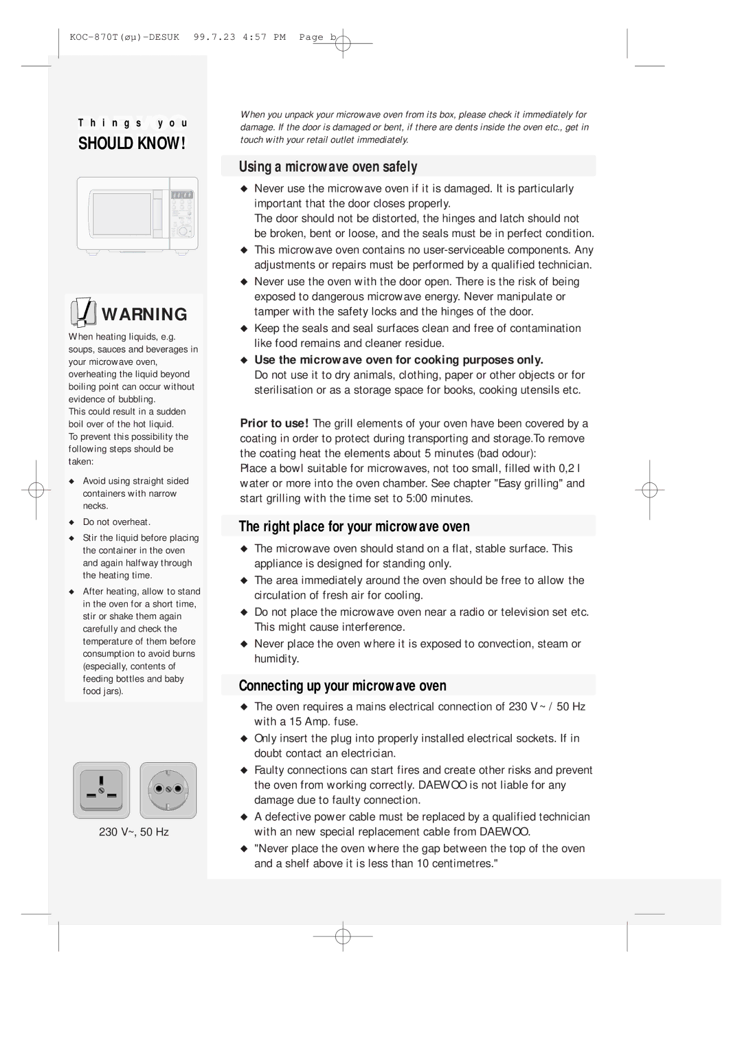 Daewoo KOC-870T Using a microwave oven safely, Right place for your microwave oven, Connecting up your microwave oven 