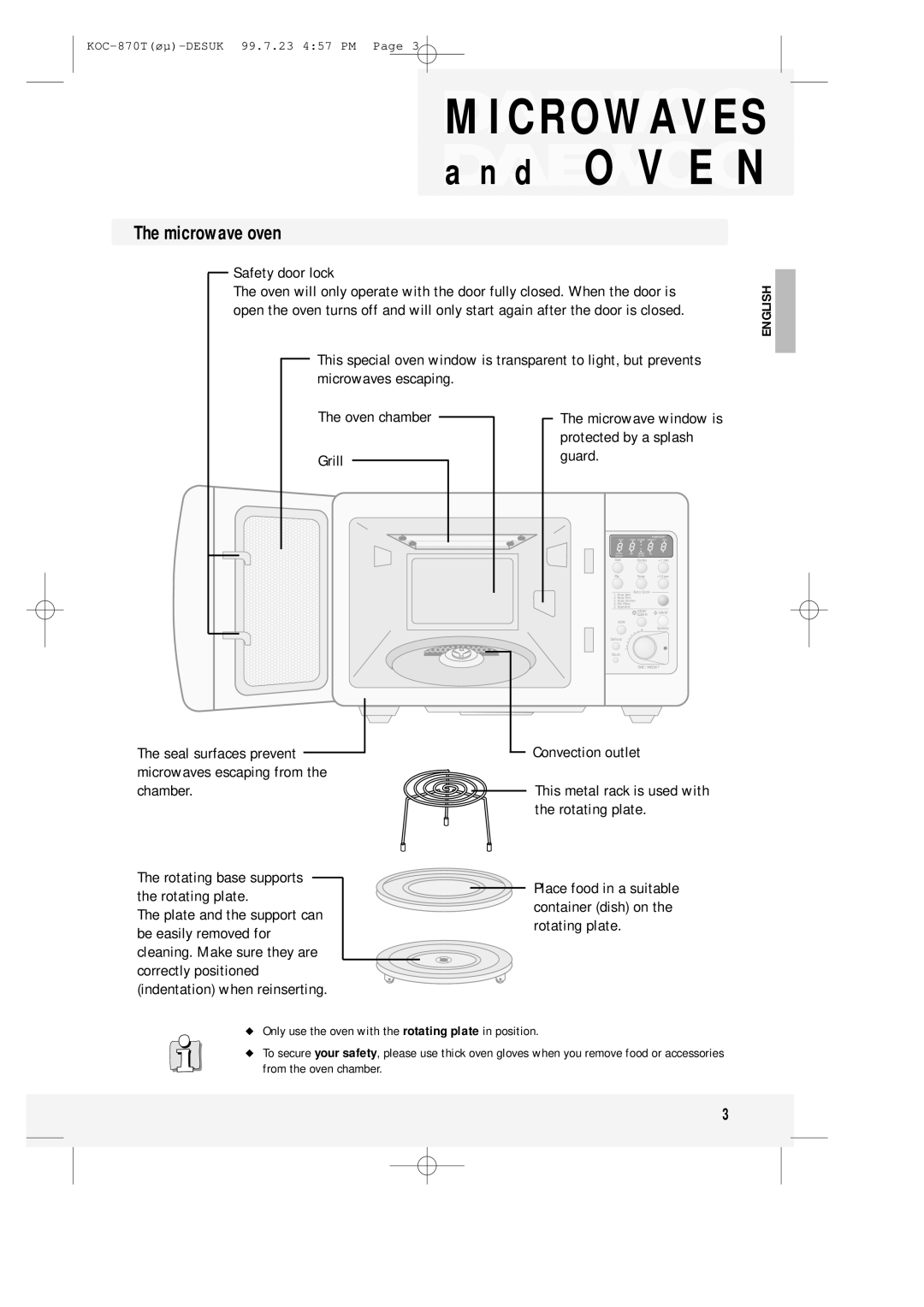 Daewoo KOC-870T instruction manual Microwave oven, Safety door lock, Rotating plate 