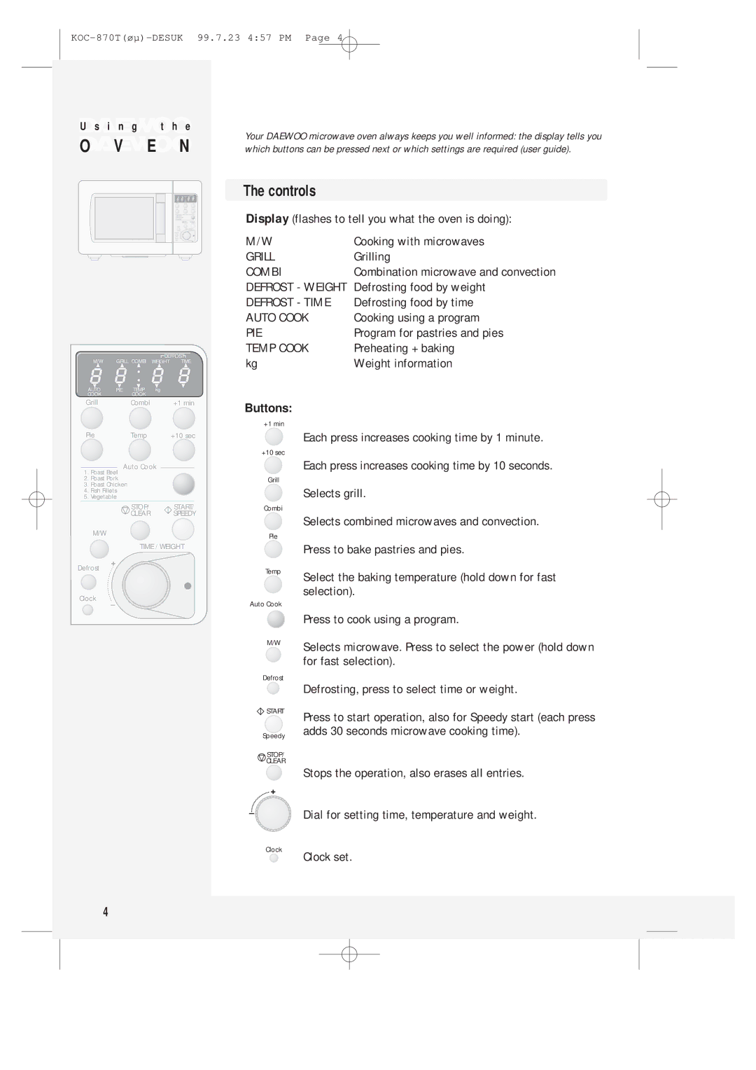 Daewoo KOC-870T instruction manual Controls, Buttons 