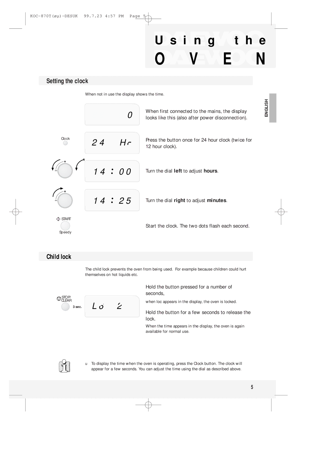 Daewoo KOC-870T instruction manual Setting the clock, Child lock, Start the clock. The two dots flash each second 