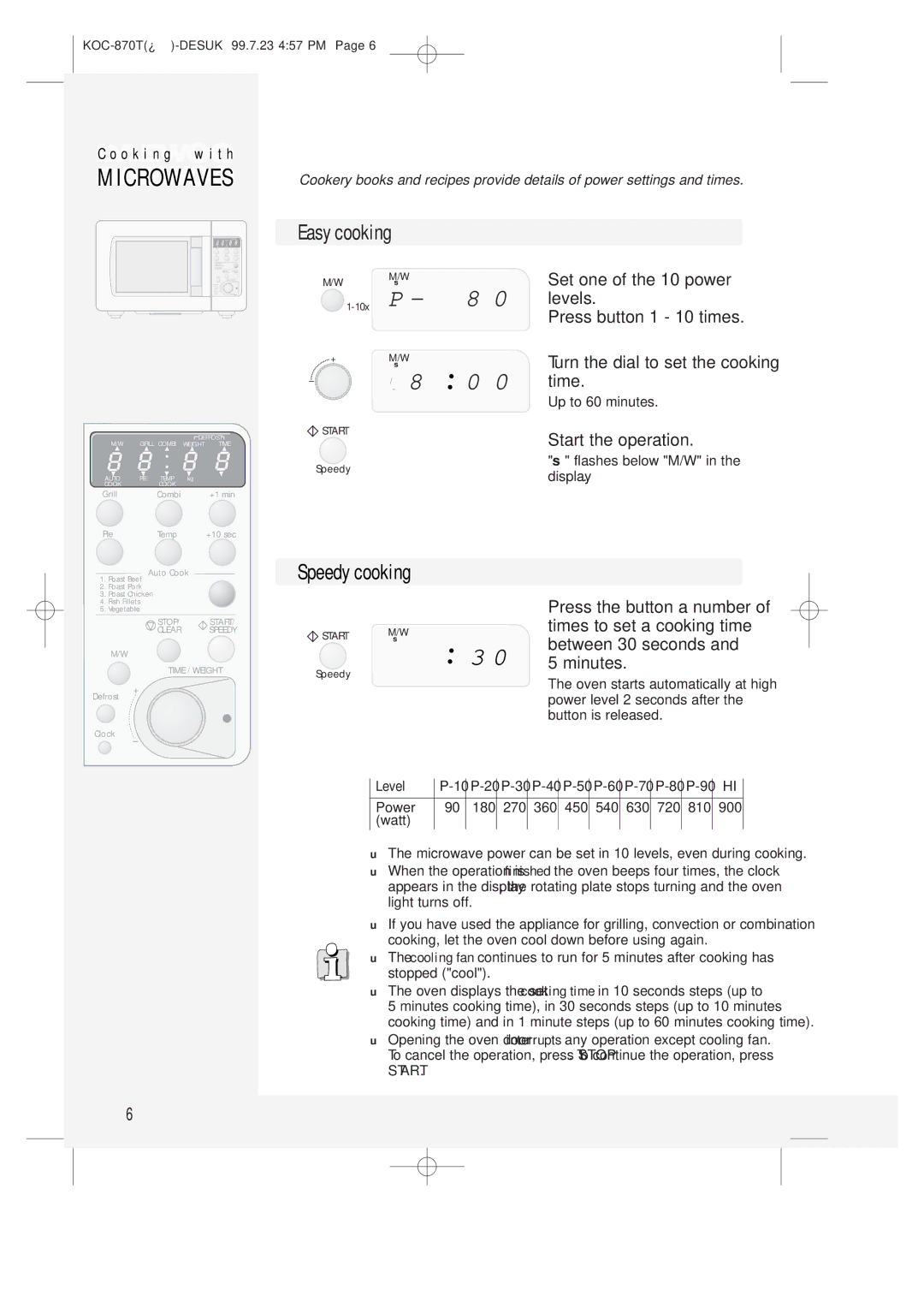 Daewoo KOC-870T instruction manual Easy cooking, Speedy cooking, Start the operation 