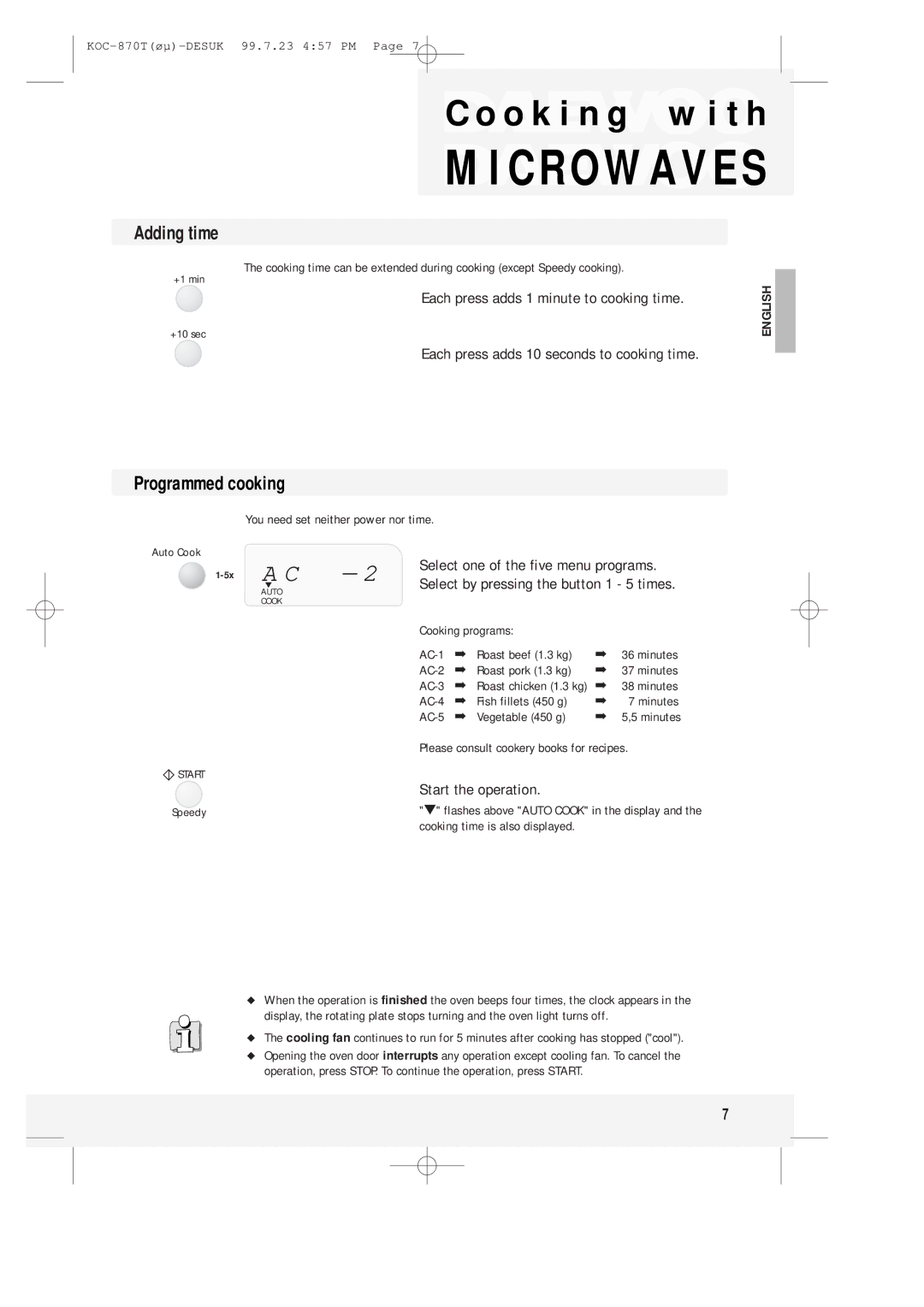 Daewoo KOC-870T instruction manual Programmed cooking, Each press adds 1 minute to cooking time 