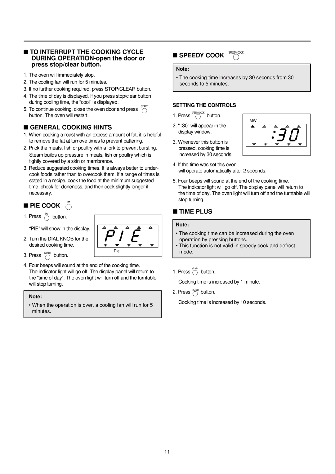 Daewoo KOC-873TSL manual Speedy Cook Speedy Cook, General Cooking Hints, PIE Cook, Time Plus 
