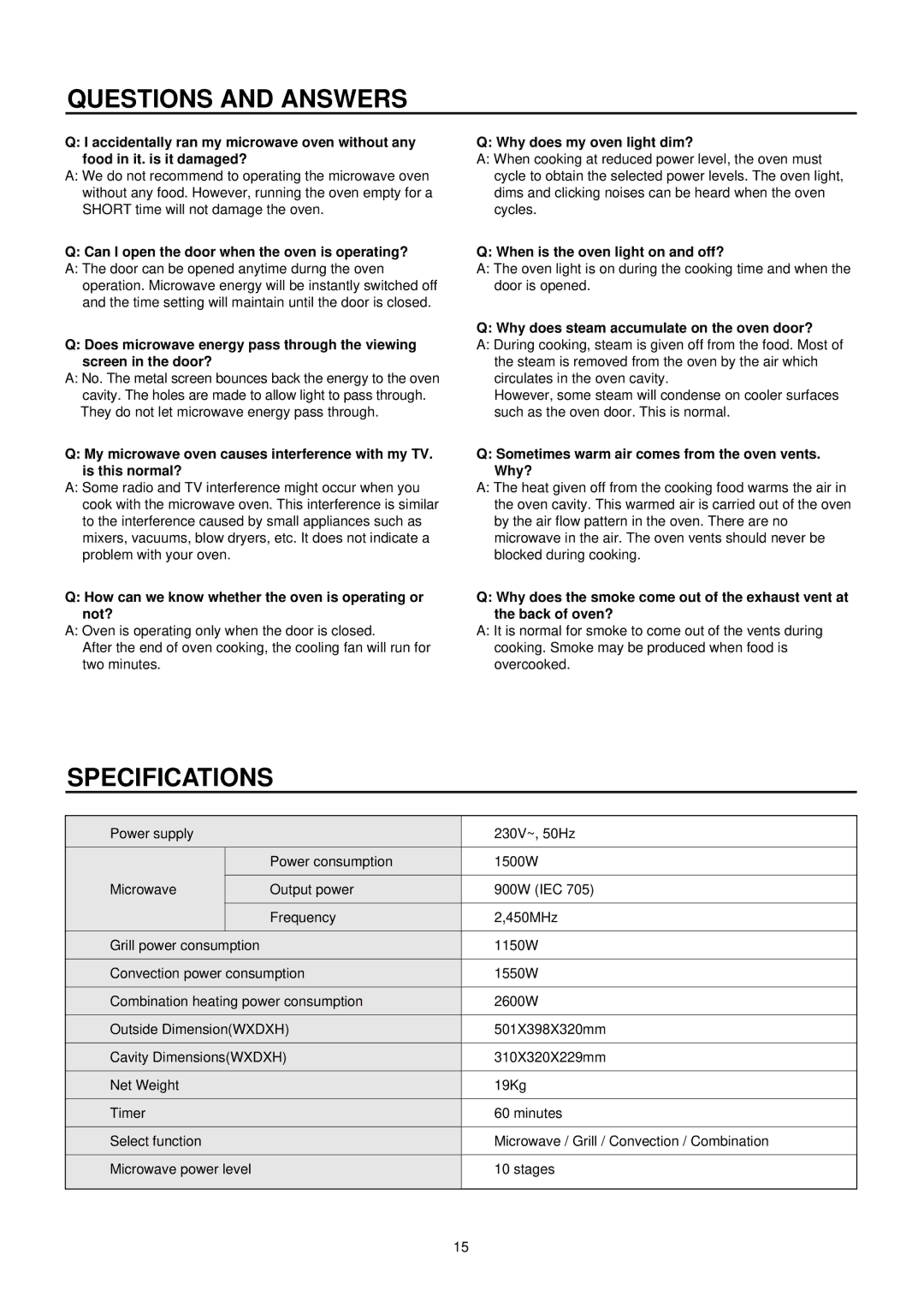 Daewoo KOC-873TSL manual Questions and Answers, Specifications 