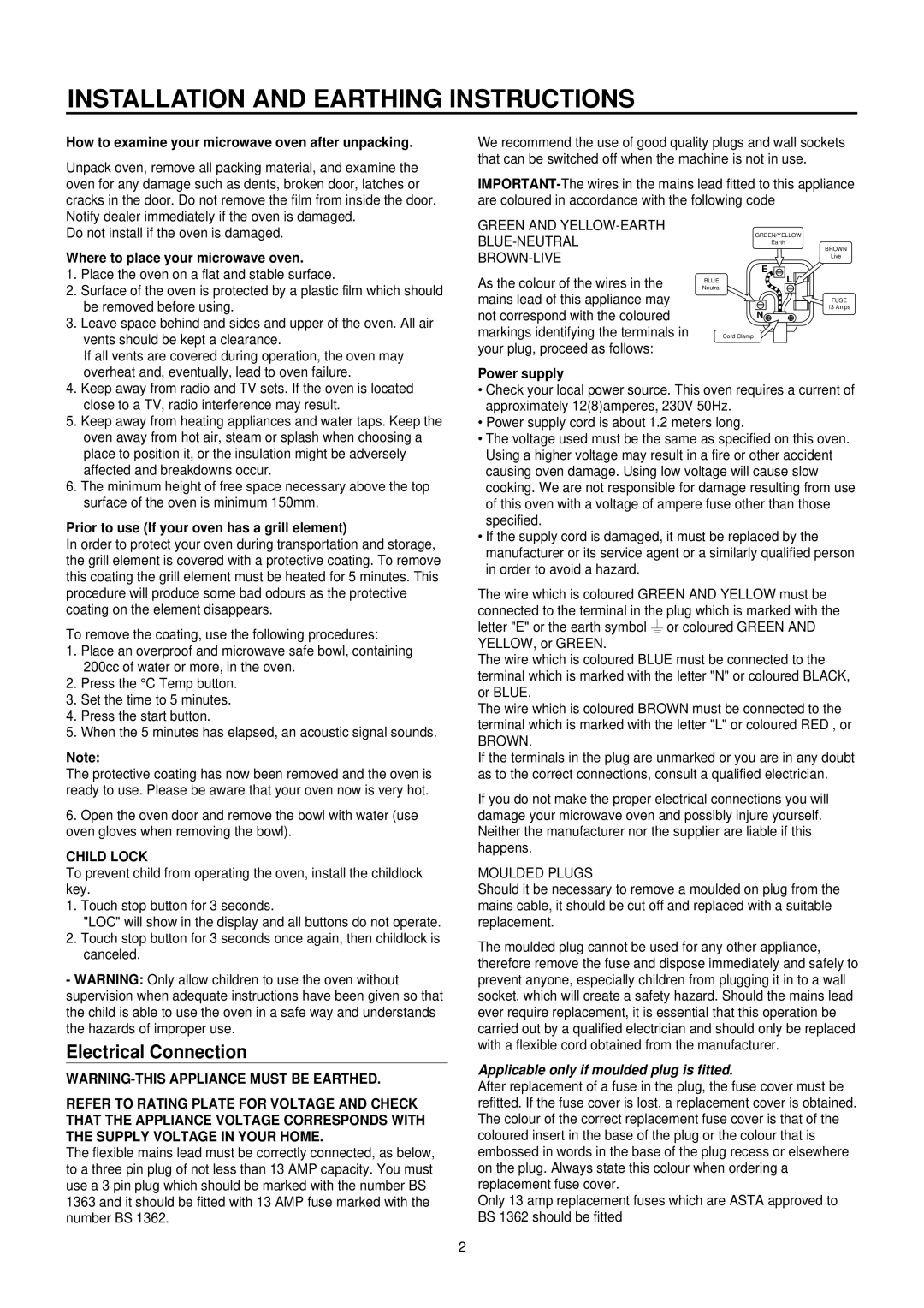 Daewoo KOC-873TSL manual Installation and Earthing Instructions, Child Lock 