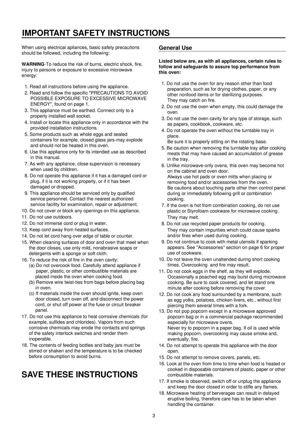 Daewoo KOC-873TSL manual Important Safety Instructions, General Use 