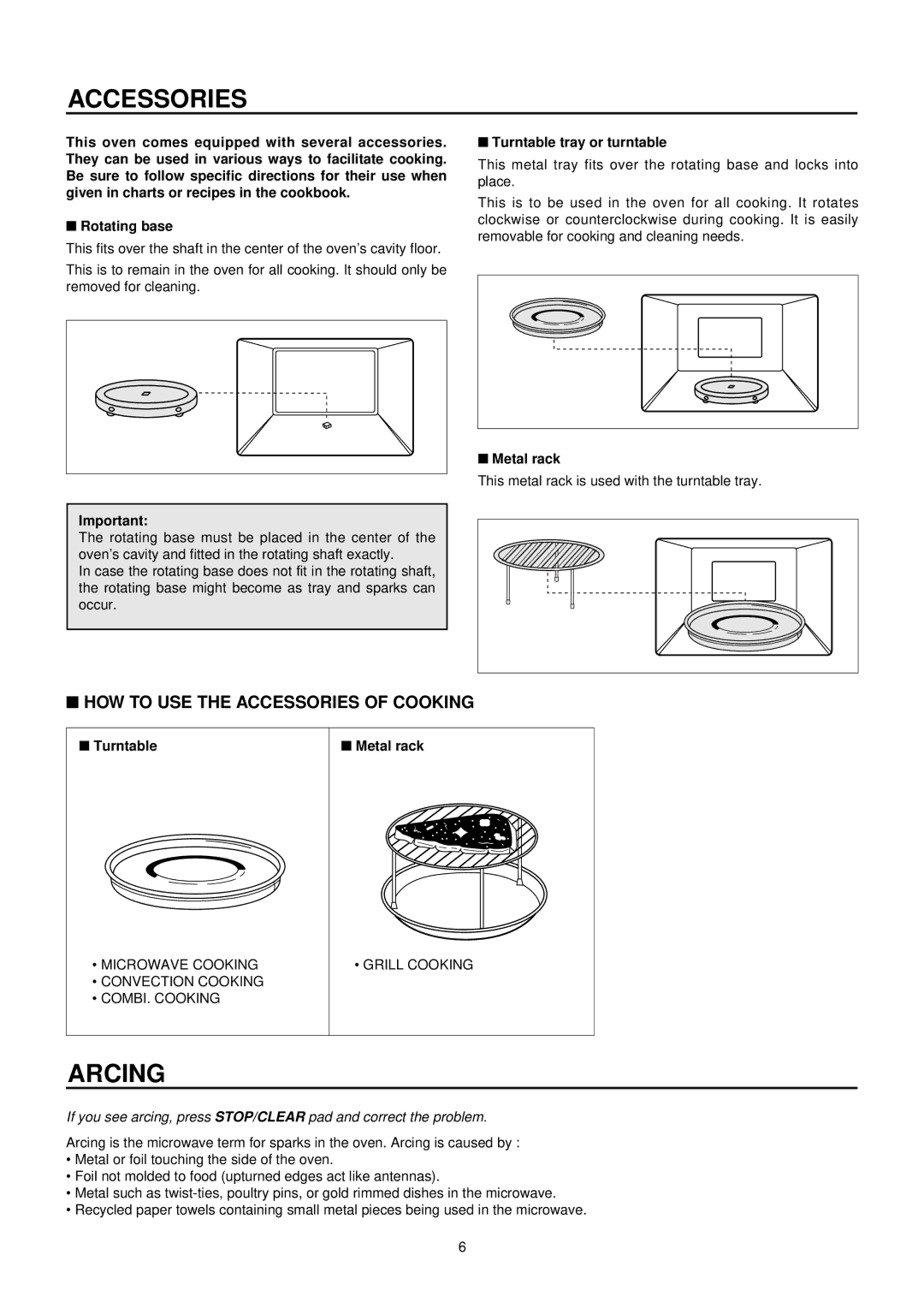 Daewoo KOC-873TSL manual Arcing, HOW to USE the Accessories of Cooking 