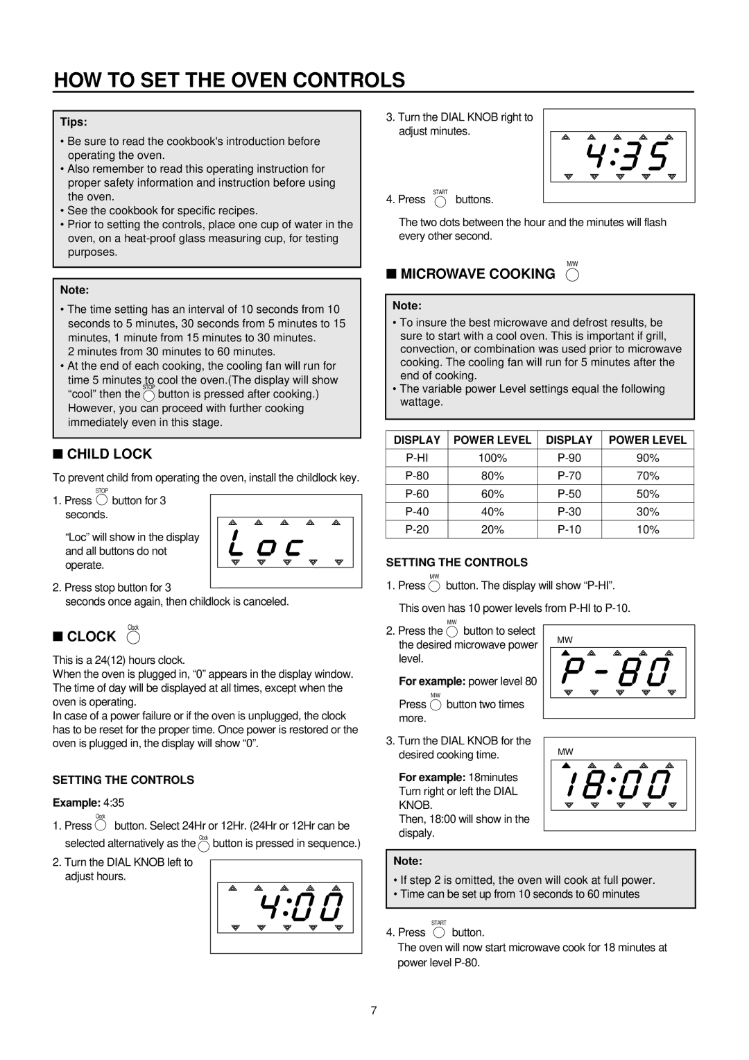 Daewoo KOC-873TSL manual HOW to SET the Oven Controls, Child Lock, Microwave Cooking, Clock 