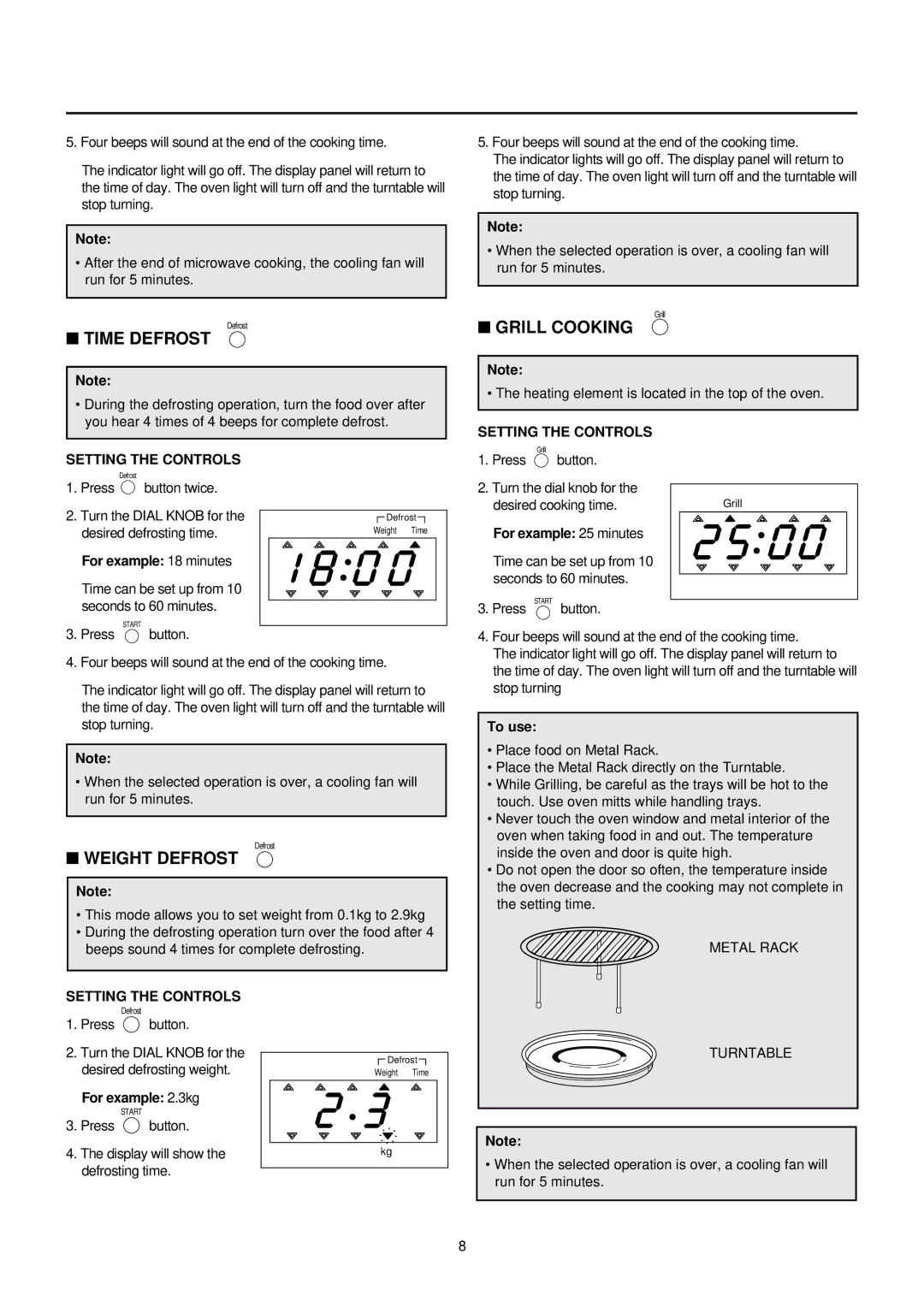 Daewoo KOC-873TSL manual Time Defrost, Grill Cooking, Weight Defrost 