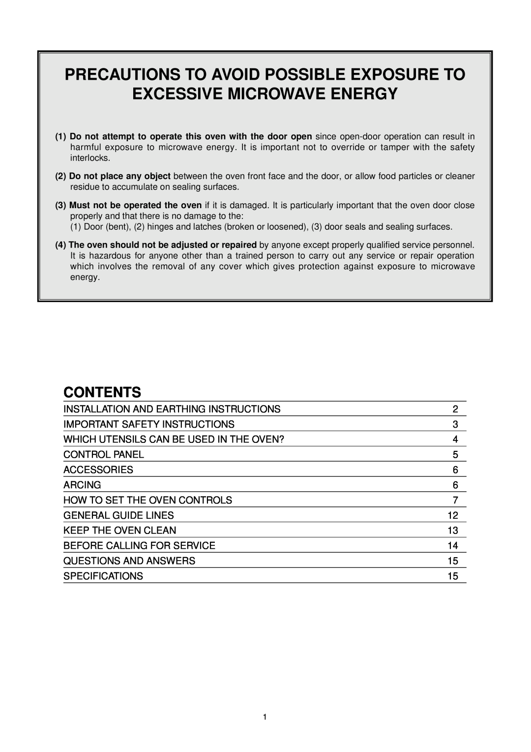 Daewoo KOC-873TSL manual Contents, Precautions To Avoid Possible Exposure To Excessive Microwave Energy 
