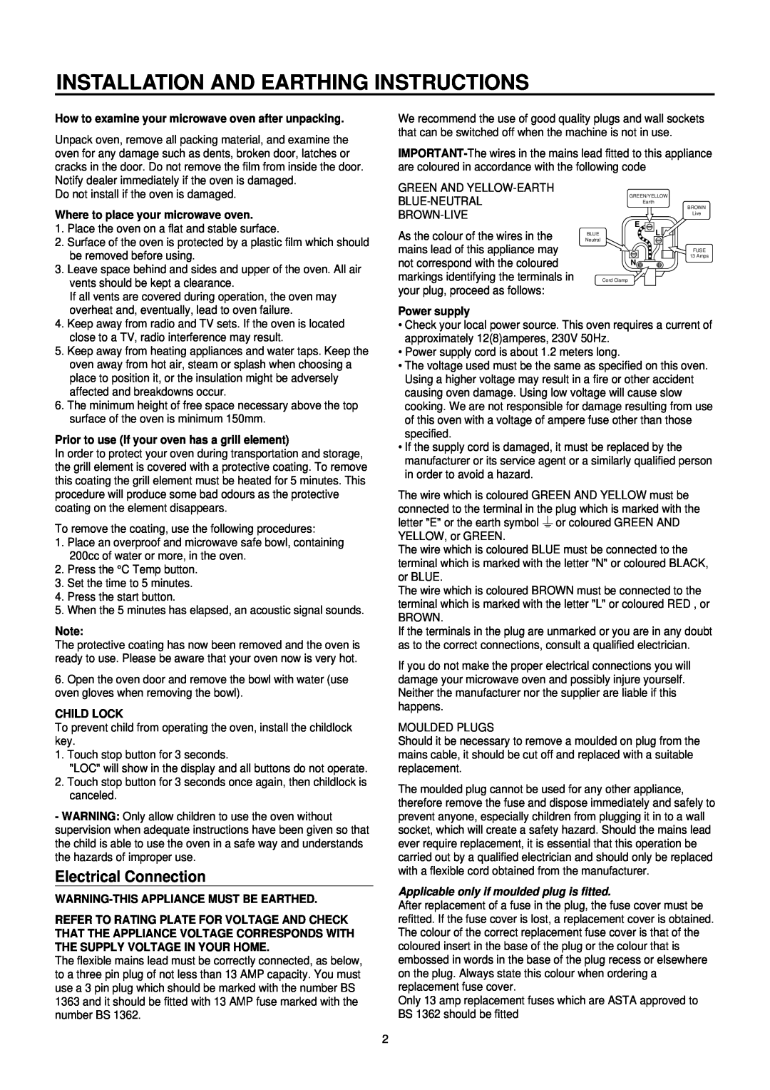 Daewoo KOC-873TSL manual Installation And Earthing Instructions, Electrical Connection, Where to place your microwave oven 