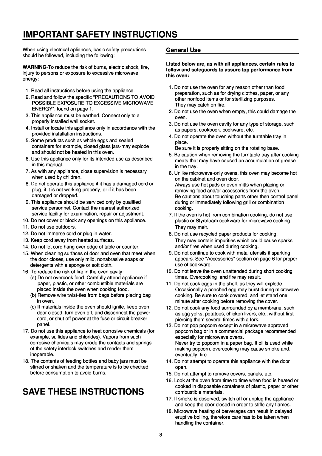 Daewoo KOC-873TSL manual Important Safety Instructions, Save These Instructions, General Use 