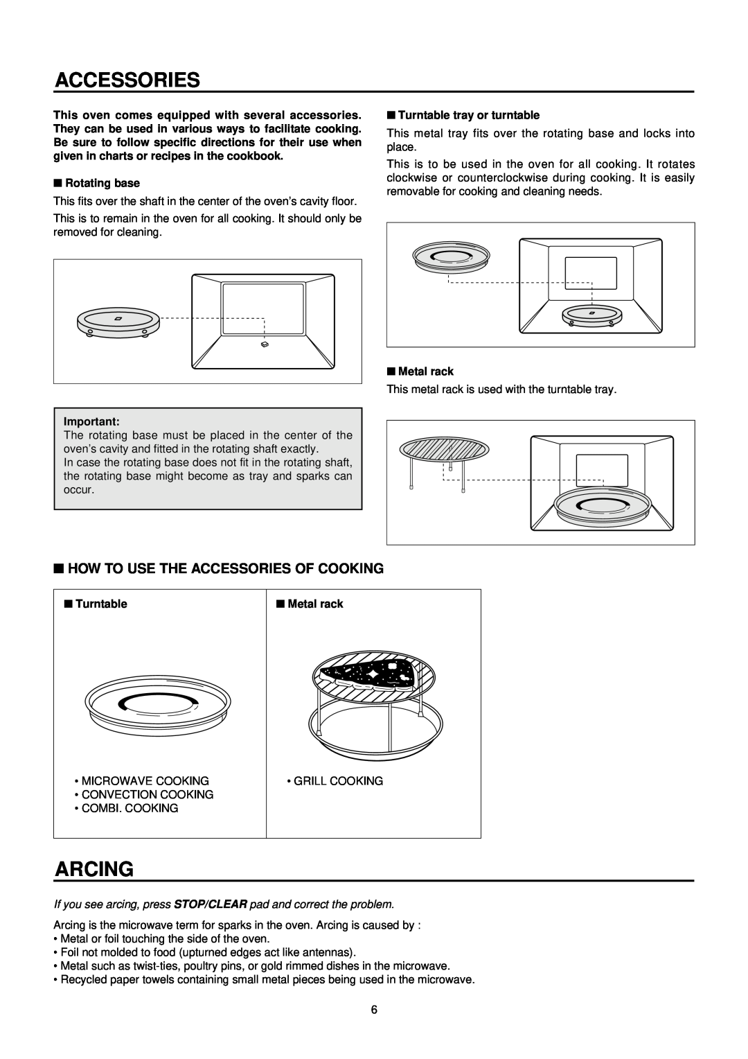 Daewoo KOC-873TSL manual Arcing, How To Use The Accessories Of Cooking, Rotating base, Turntable tray or turntable 