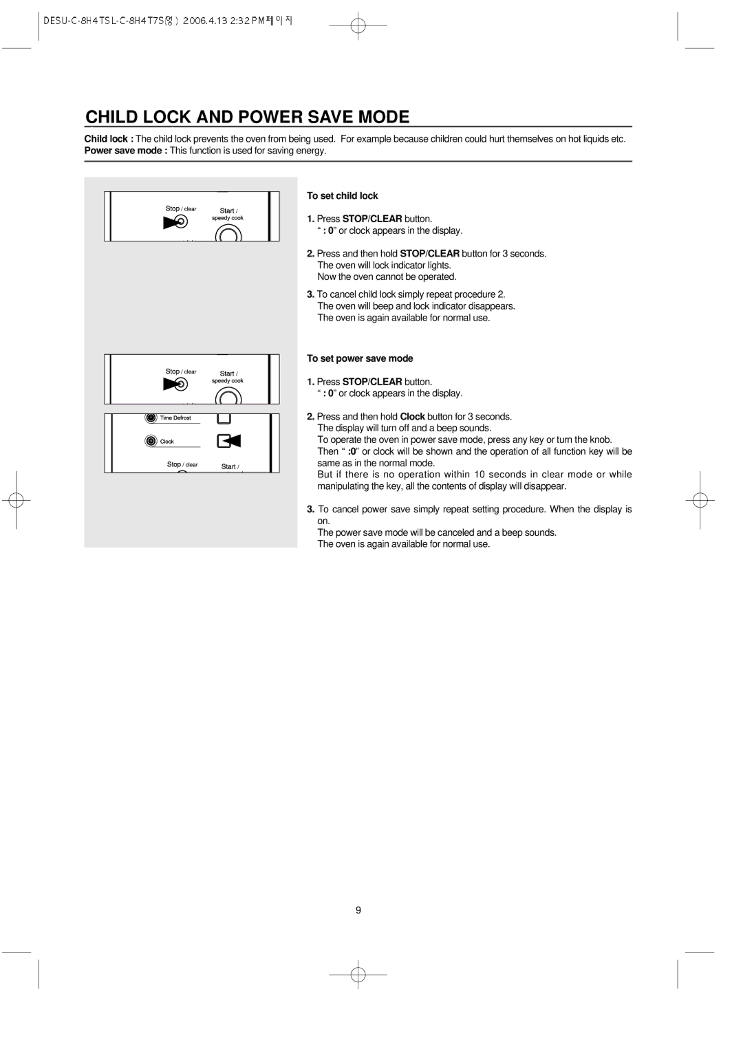 Daewoo KOC-8H4TSL owner manual Child Lock and Power Save Mode, To set child lock, To set power save mode 