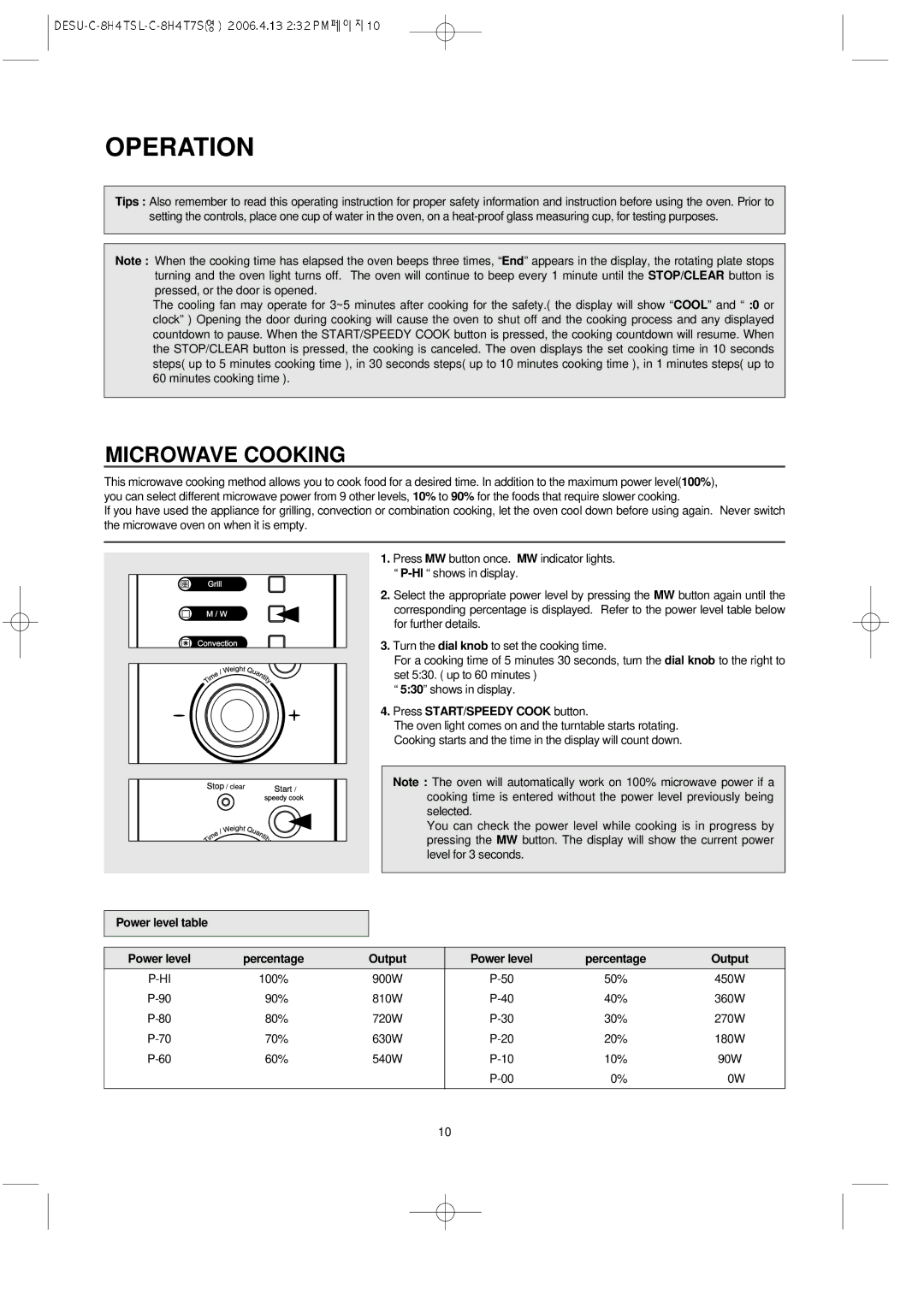 Daewoo KOC-8H4TSL owner manual Microwave Cooking, Press START/SPEEDY Cook button, Power level table Percentage Output 