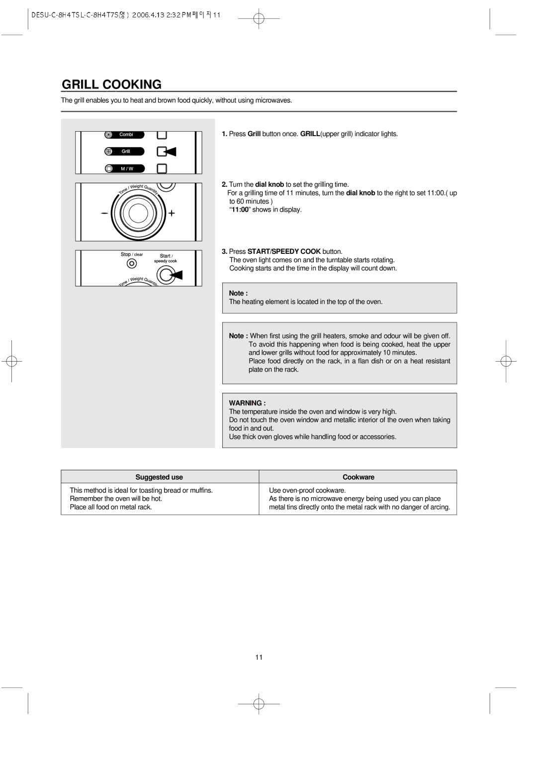 Daewoo KOC-8H4TSL owner manual Grill Cooking, Suggested use Cookware 