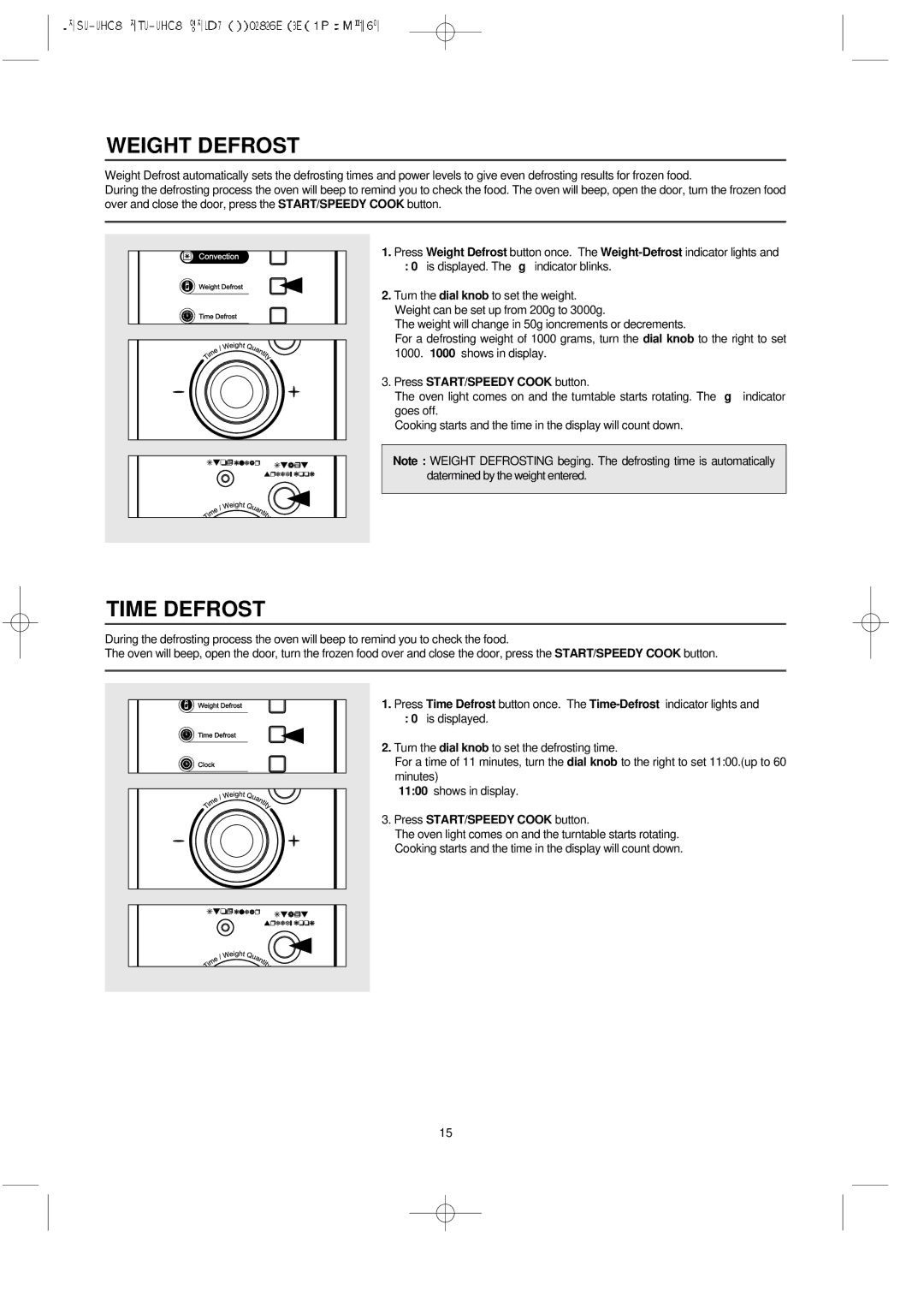 Daewoo KOC-8H4TSL owner manual Weight Defrost, Time Defrost 