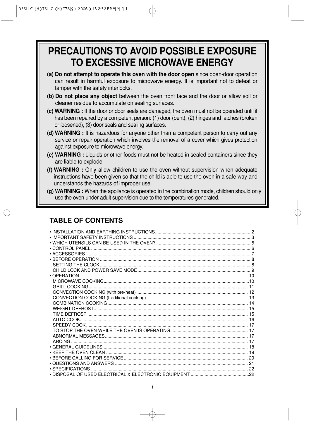 Daewoo KOC-8H4TSL owner manual Table of Contents 