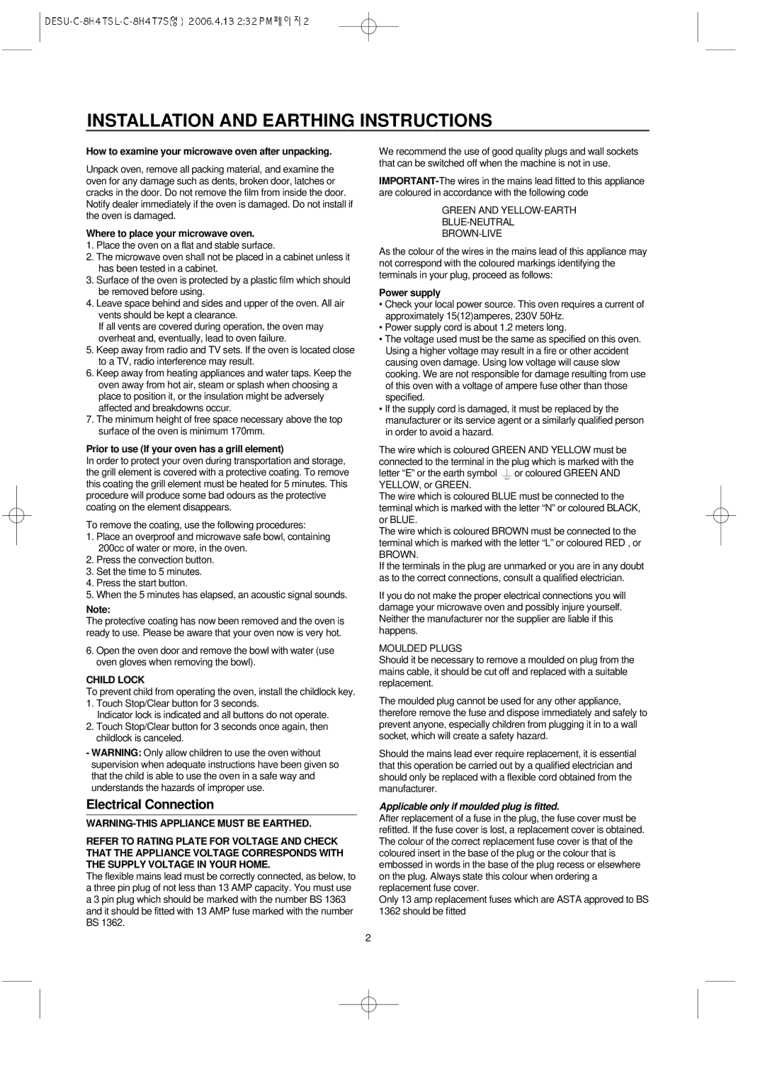 Daewoo KOC-8H4TSL owner manual Installation and Earthing Instructions, Child Lock 