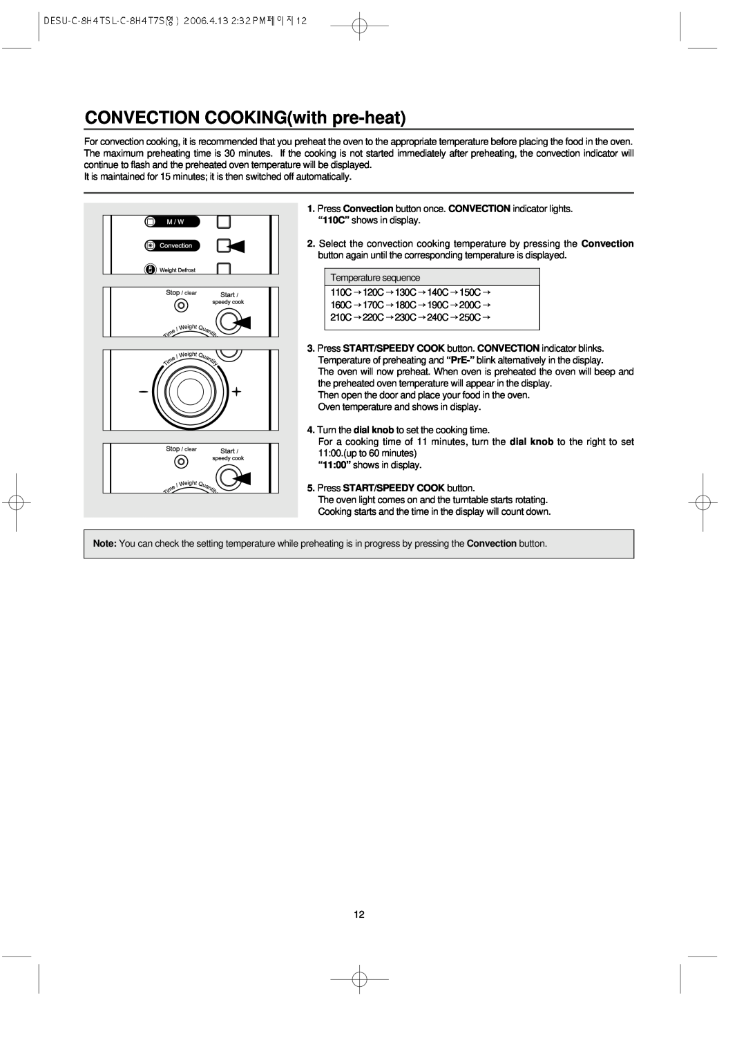 Daewoo KOC-8H4TSL owner manual CONVECTION COOKINGwith pre-heat, Press START/SPEEDY COOK button 