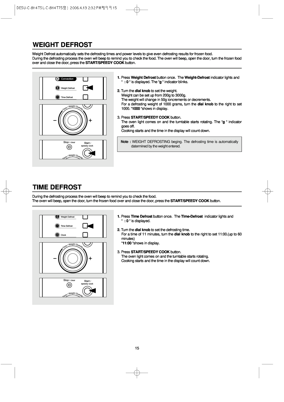 Daewoo KOC-8H4TSL owner manual Weight Defrost, Time Defrost, Press START/SPEEDY COOK button 