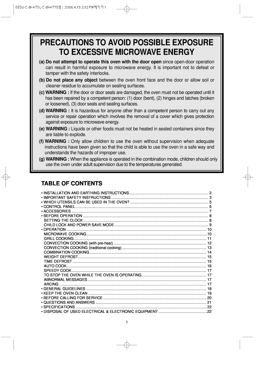 Daewoo KOC-8H4TSL owner manual Precautions To Avoid Possible Exposure To Excessive Microwave Energy, Table Of Contents 