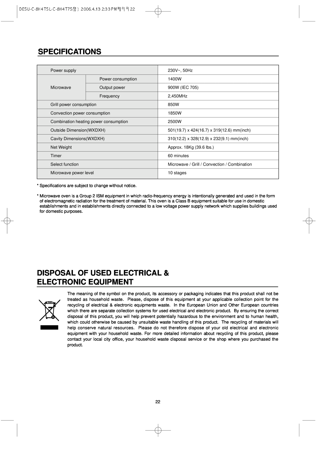 Daewoo KOC-8H4TSL owner manual Specifications, Disposal Of Used Electrical Electronic Equipment 