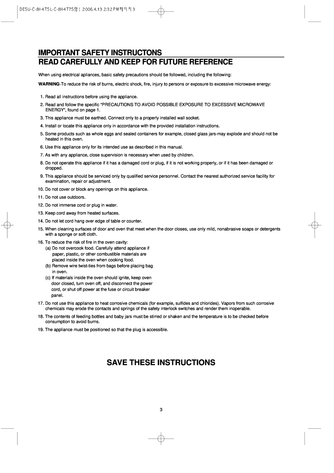 Daewoo KOC-8H4TSL Important Safety Instructons, Read Carefully And Keep For Future Reference, Save These Instructions 