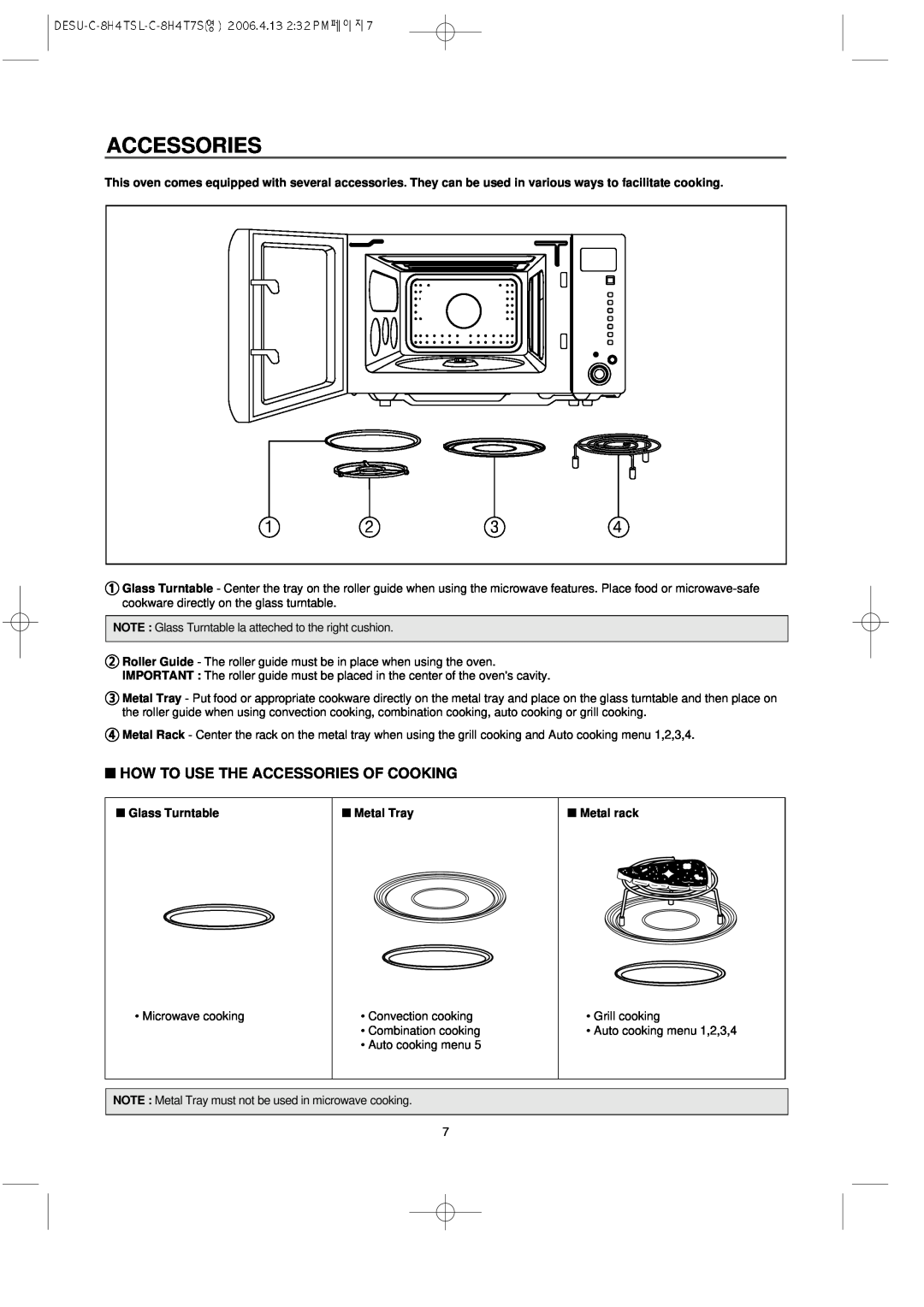 Daewoo KOC-8H4TSL owner manual How To Use The Accessories Of Cooking, Glass Turntable, Metal Tray, Metal rack 