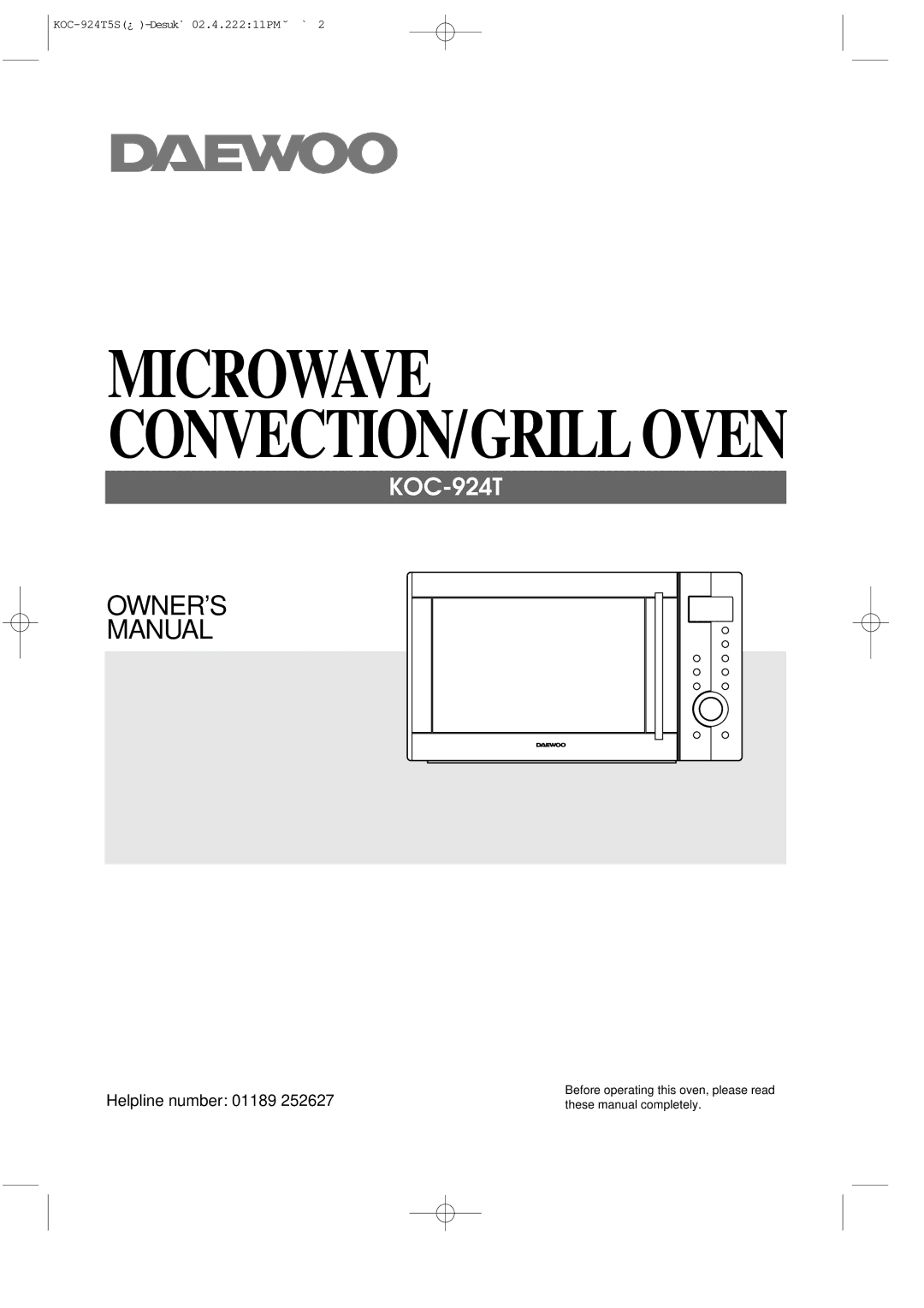 Daewoo KOC-924T owner manual Microwave CONVECTION/GRILL Oven 