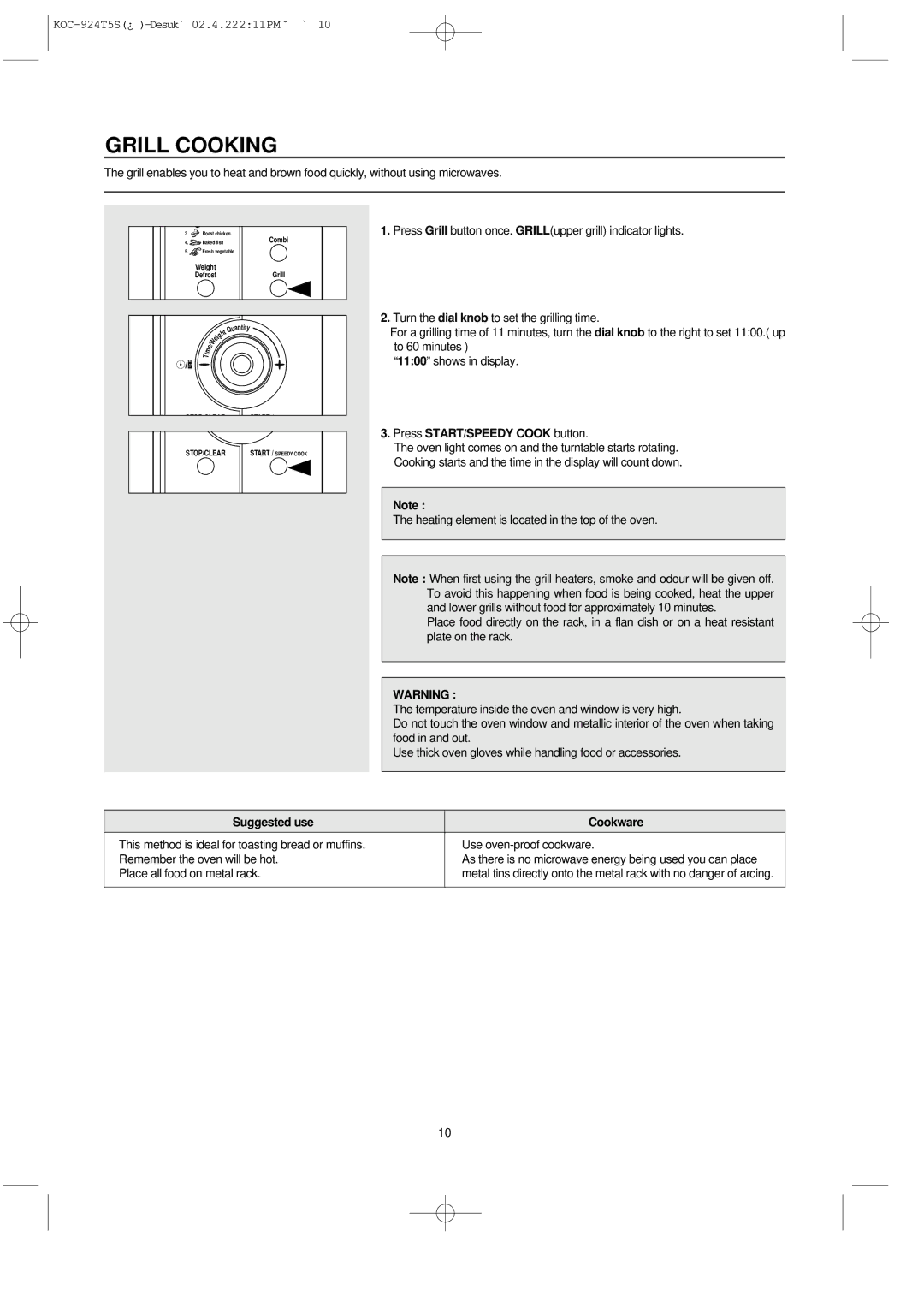 Daewoo KOC-924T owner manual Grill Cooking, Suggested use Cookware 