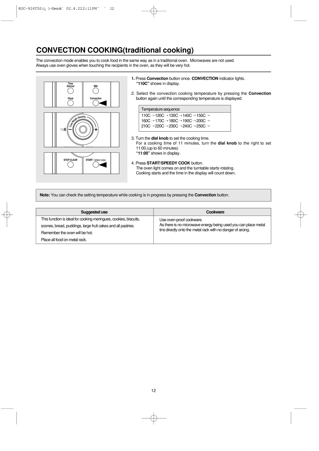 Daewoo KOC-924T owner manual Convection COOKINGtraditional cooking 