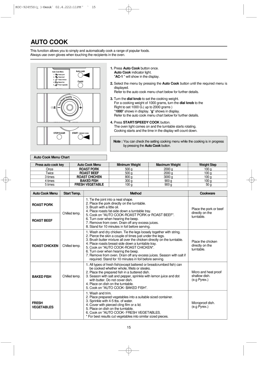 Daewoo KOC-924T owner manual Auto Cook 