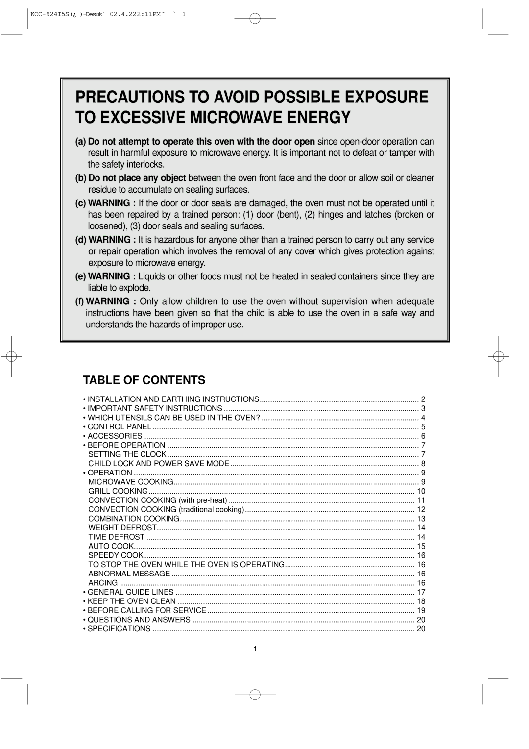 Daewoo KOC-924T owner manual Table of Contents 