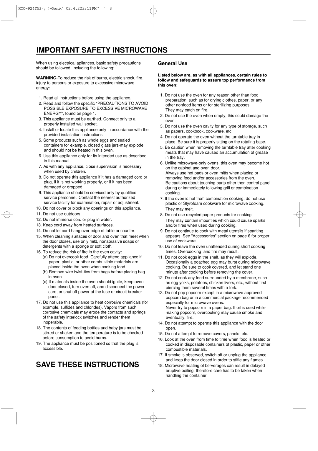 Daewoo KOC-924T owner manual Important Safety Instructions, General Use 