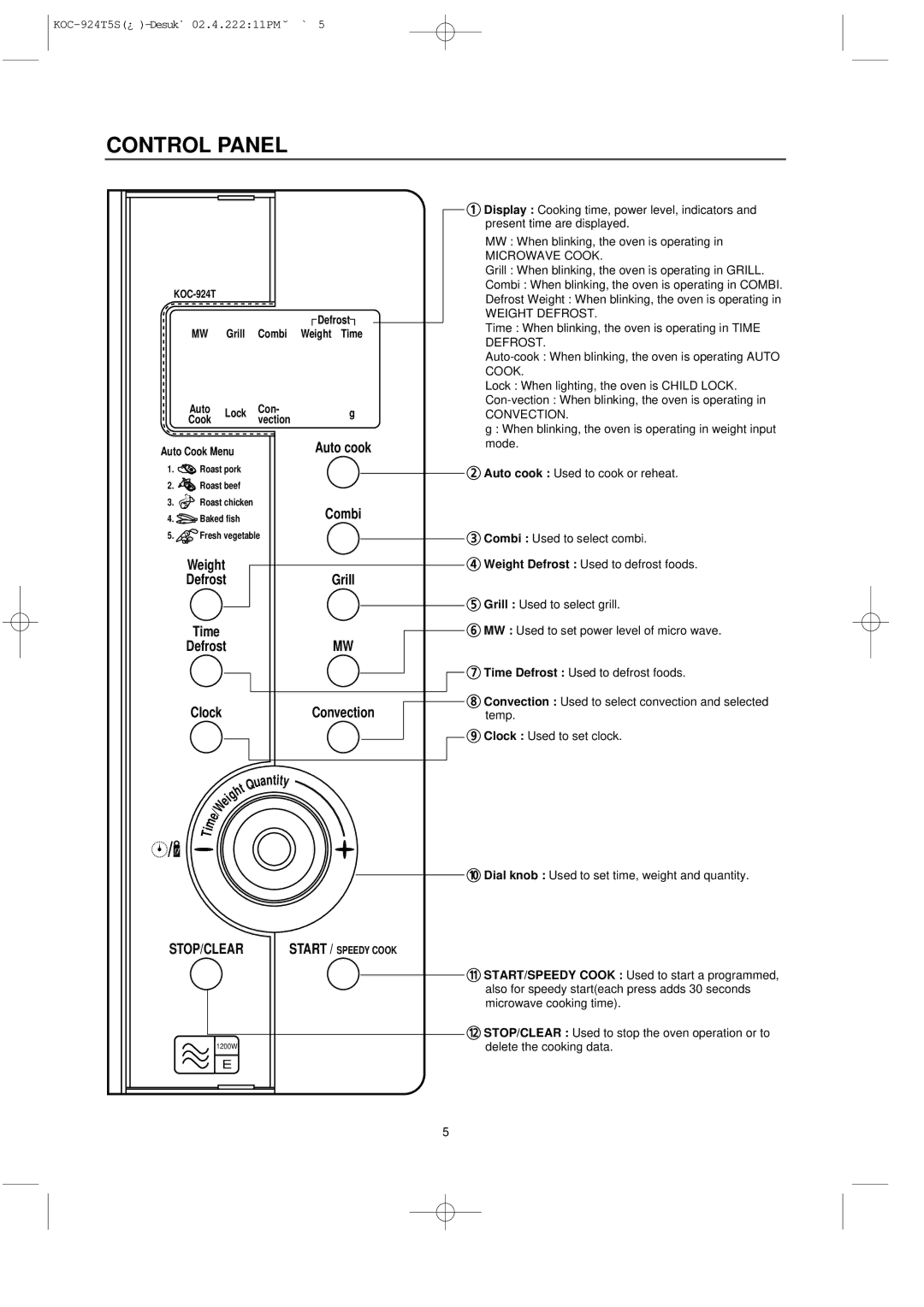 Daewoo KOC-924T owner manual Control Panel, Stop/Clear 