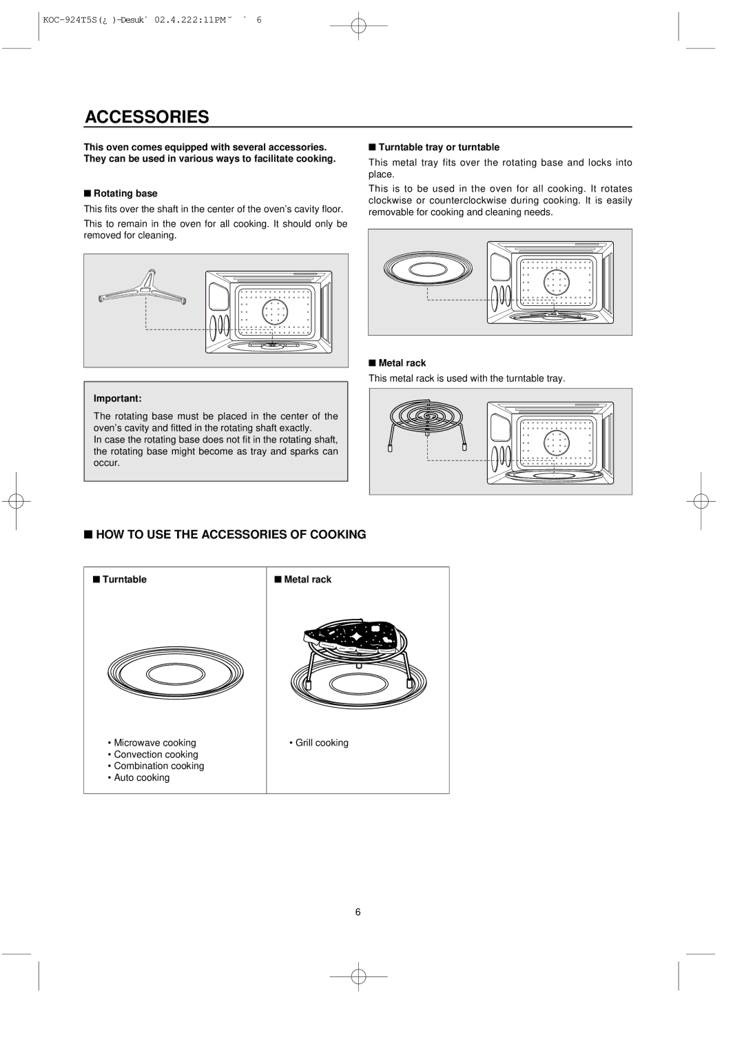 Daewoo KOC-924T owner manual Accessories, Turntable tray or turntable, Turntable Metal rack 