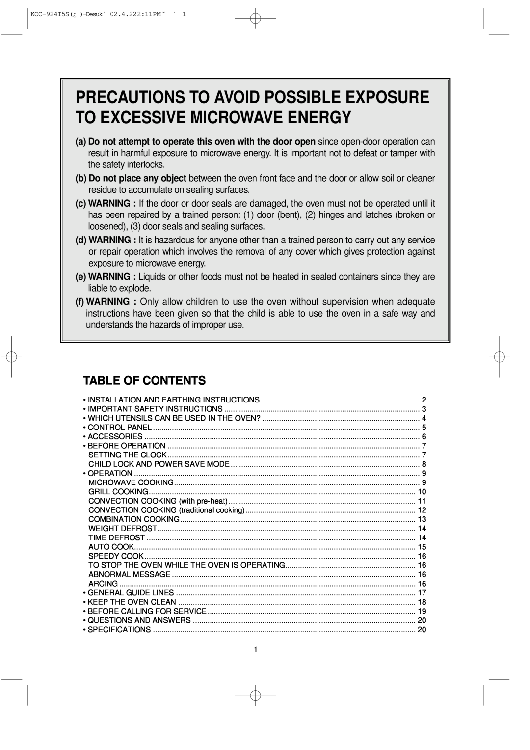 Daewoo KOC-924T owner manual Precautions To Avoid Possible Exposure To Excessive Microwave Energy, Table Of Contents 