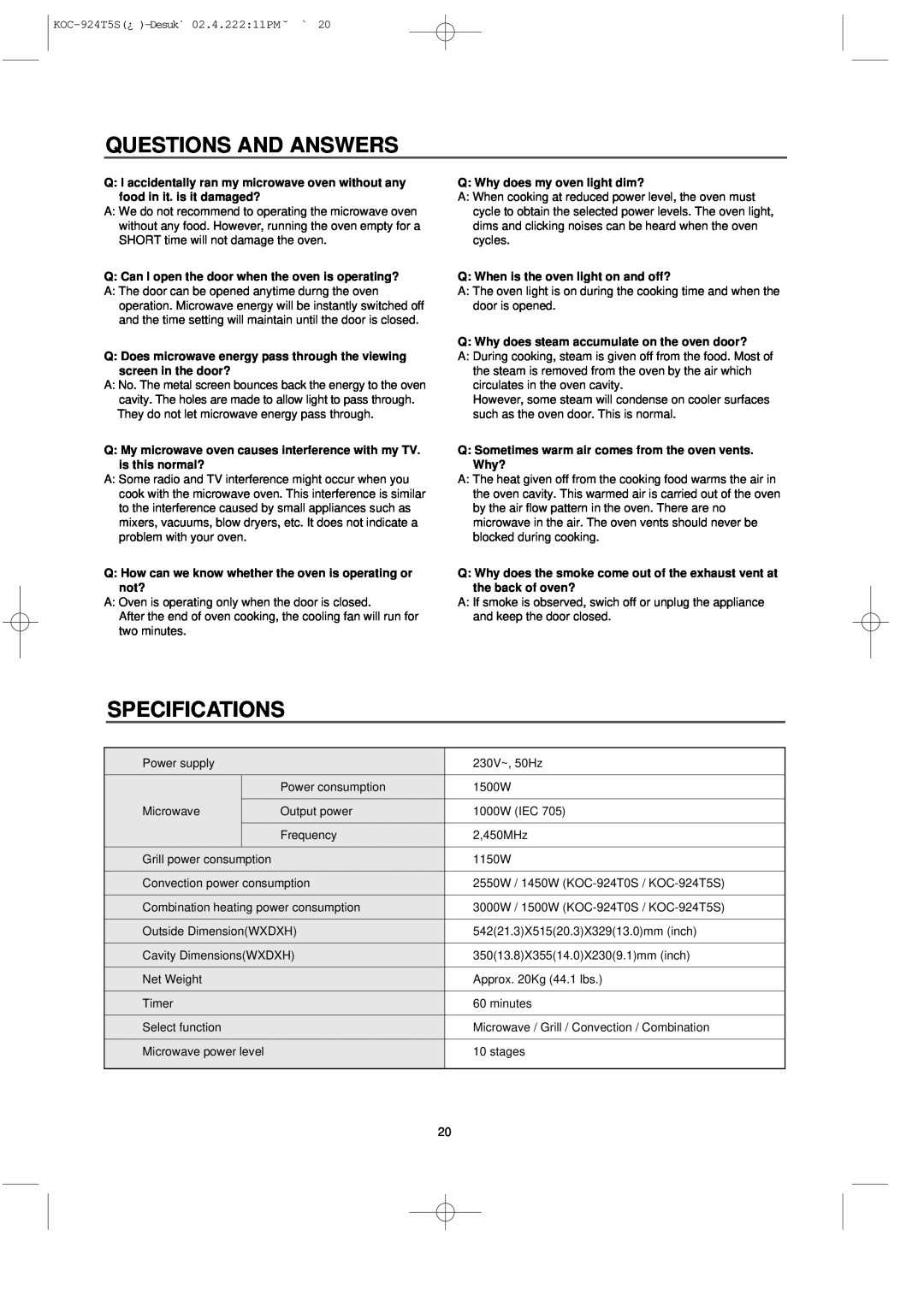 Daewoo KOC-924T owner manual Questions And Answers, Specifications 