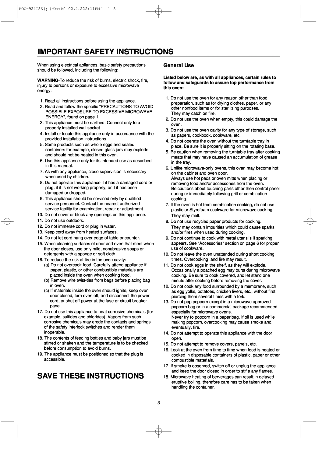 Daewoo KOC-924T owner manual Important Safety Instructions, Save These Instructions, General Use 