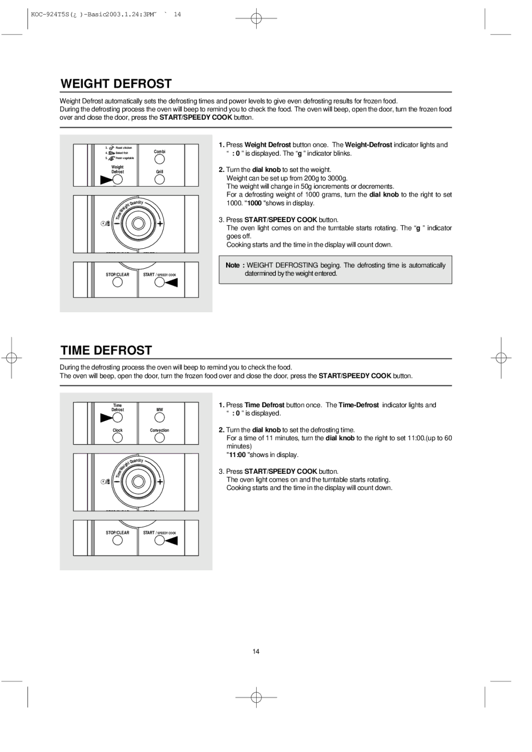 Daewoo KOC-924T5S, KOC-924T0S owner manual Weight Defrost, Time Defrost 