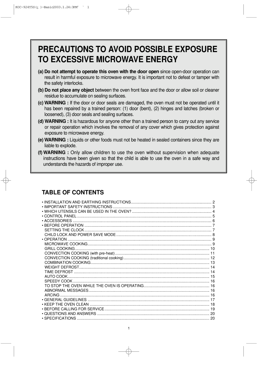 Daewoo KOC-924T0S, KOC-924T5S owner manual Table of Contents 