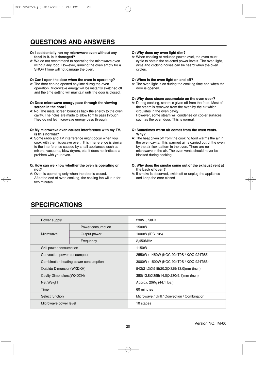 Daewoo KOC-924T5S, KOC-924T0S owner manual Questions and Answers, Specifications 