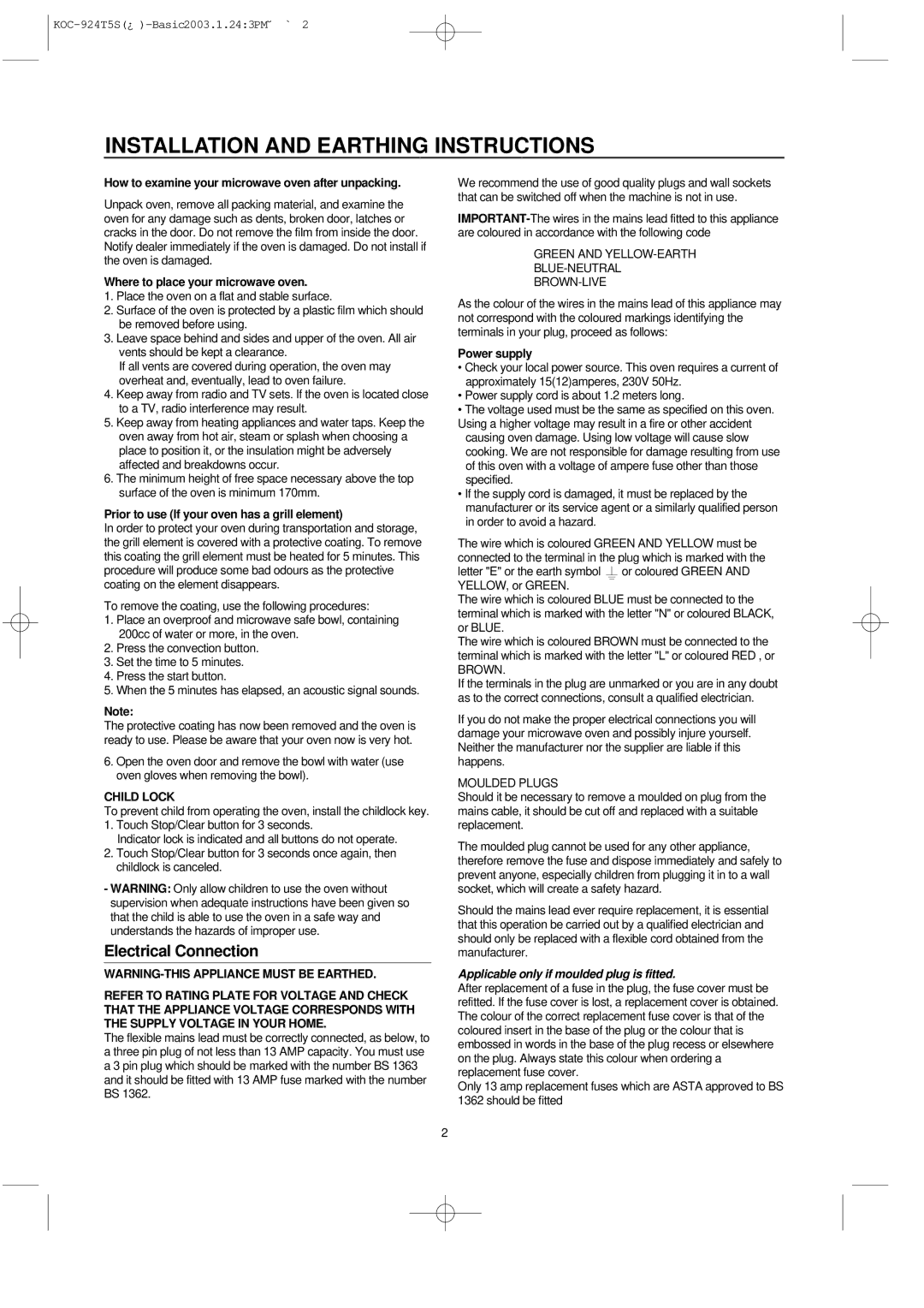 Daewoo KOC-924T5S, KOC-924T0S owner manual Installation and Earthing Instructions, Child Lock 