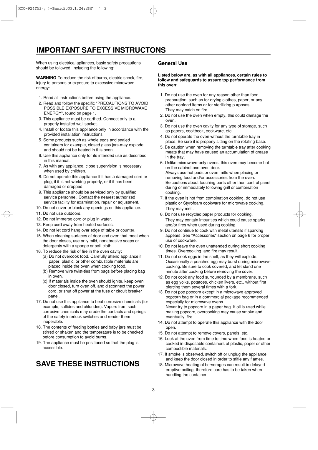 Daewoo KOC-924T0S, KOC-924T5S owner manual Important Safety Instructons, General Use 