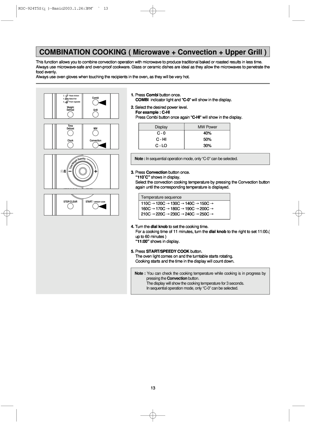 Daewoo KOC-924T0S, KOC-924T5S owner manual For example : C-HI, Press START/SPEEDY COOK button 