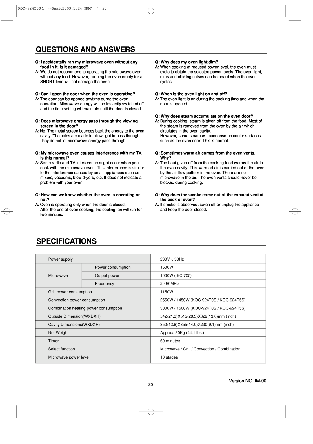 Daewoo KOC-924T5S, KOC-924T0S owner manual Questions And Answers, Specifications, Version NO. IM-00 