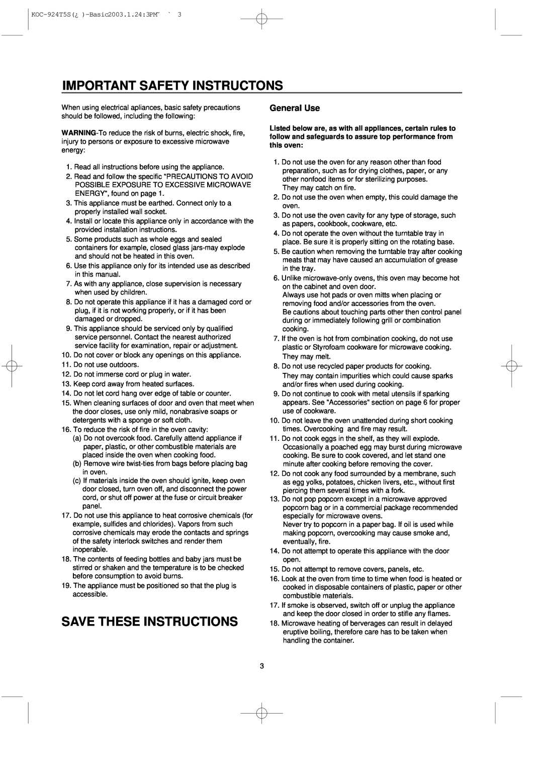 Daewoo KOC-924T0S, KOC-924T5S owner manual Important Safety Instructons, Save These Instructions, General Use 