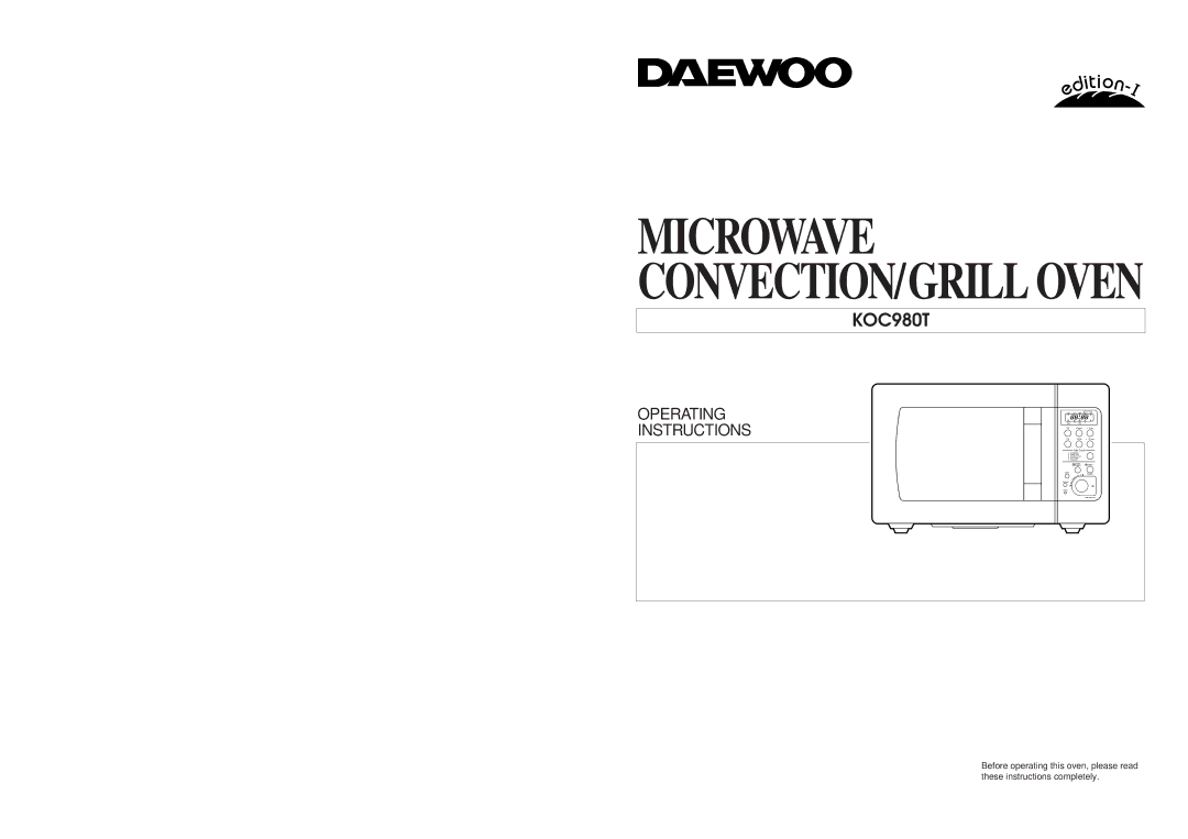 Daewoo KOC980T manual Microwave CONVECTION/GRILL Oven 